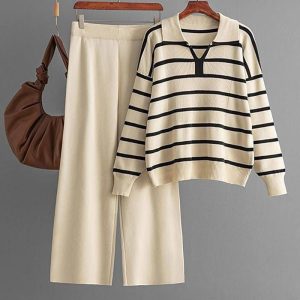 Knitted Stripped Top & Long Pants Set